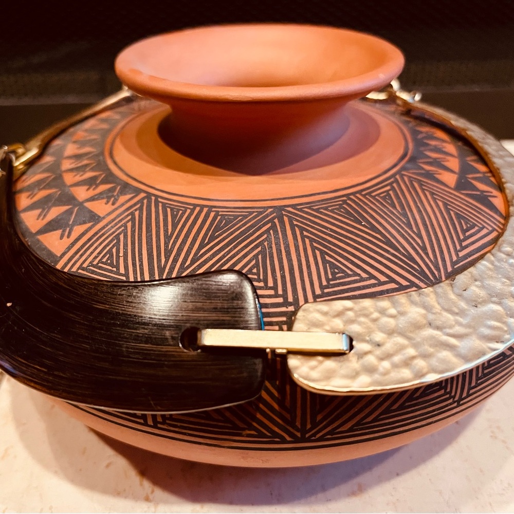 Artisan Terracotta Decorative Vase with Black and Cream Accents